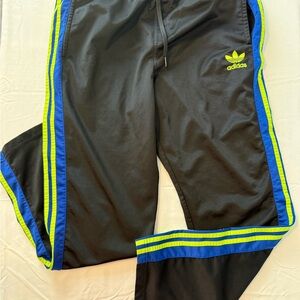 adidas Men’s XL Black Sweatpants with Blue and Neon Yellow Accents